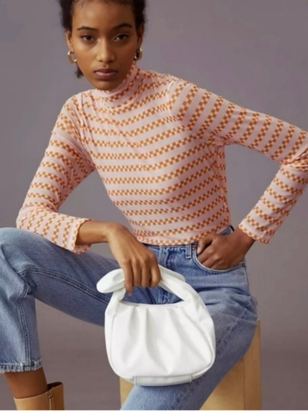 Maeve Pink & Orange Turtleneck Sheer Top